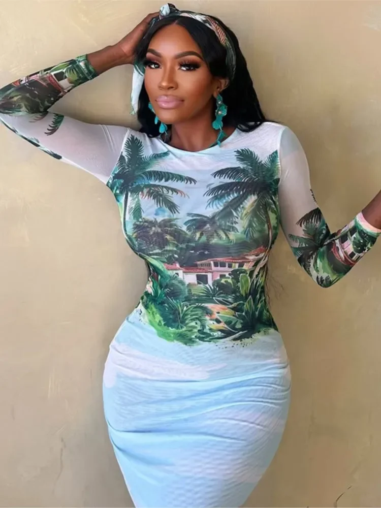 Summer Cover Ups Women Swimsuit Long Sleeve Robes Bathing Suit 2025 New Tree Print Beach Holiday Maxi Dresses Cover-Up