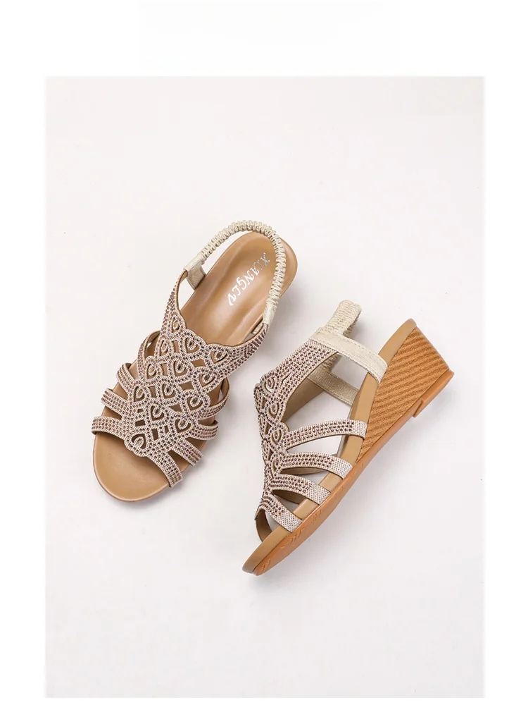 

Bejeweled Bohemian Heart Shaped Hollow out Strap Roman Style Pumps Women's Summer High Heel Sandals Comfortable Glue Wearing