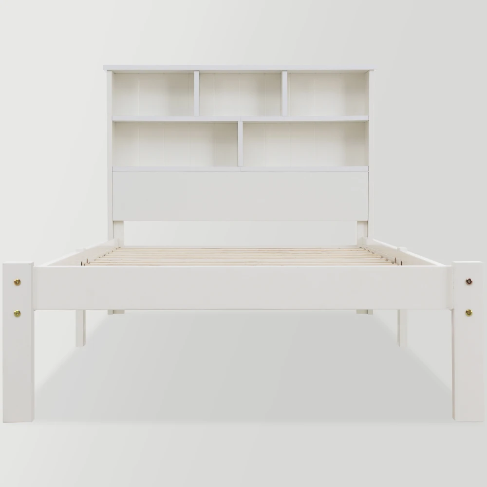 PINGGO Einzelbett aus Massivholz, 90 x 200 cm, weiß, mit Schubladen, Gitter-Bücherregal für Kinder, Jugendliche, Erwachsene, ohne Matratze – Detail 5