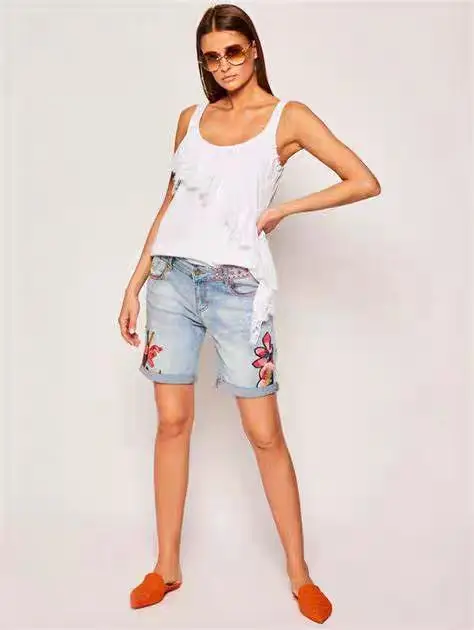 Spanish foreign trade new denim embroidered printed shorts for women short jeans for women