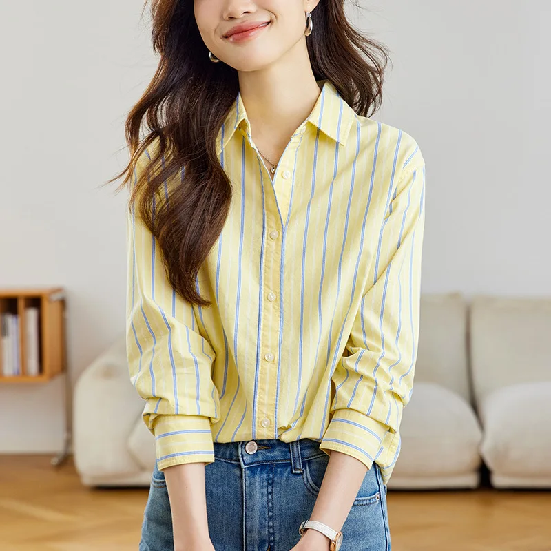 

Women Striped Single Breasted Lapel Shirt Female 2026 Spring Summer Casual Long Sleeve Tops Office Lady Commuter Shirts Blose