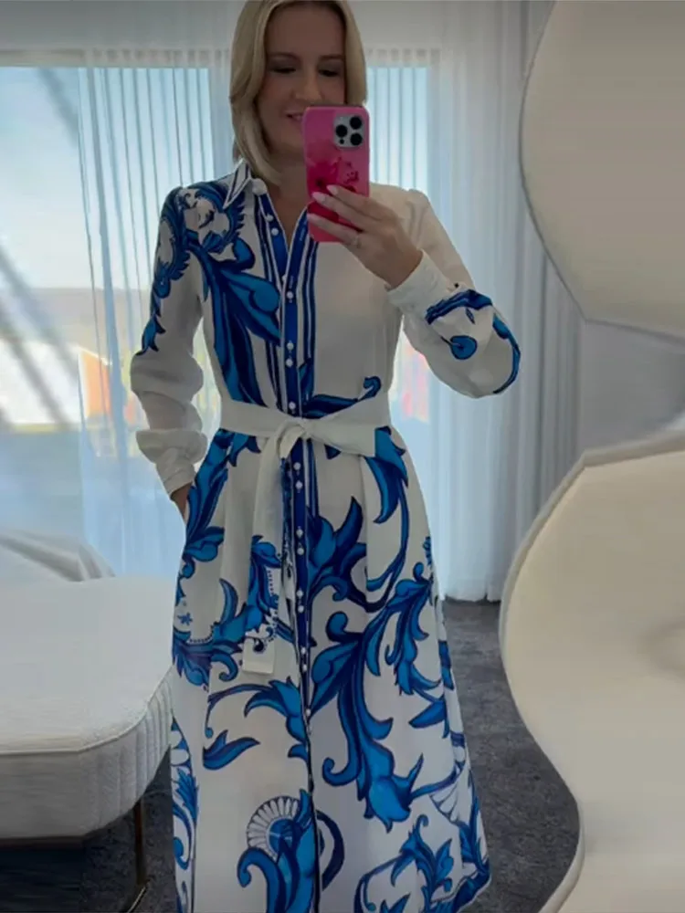 

Elegant Baroque Floral Print Shirt Dress Long Sleeve Belted Button-Down Maxi Dress For Woman Luxury Formal Loose Outfit Dresses