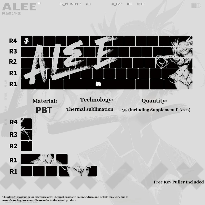 Gamer Alee keycap side engraved translucent PC keycap 95 key pbt material added 60/68/75/87 series mechanical keyboard keycap
