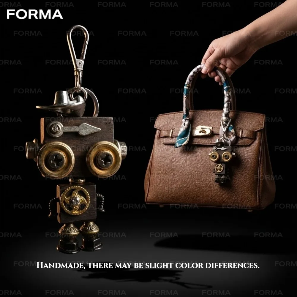 Handmade Punk Robot Keychain Solid Wood Alloy Vintage Pendant Charm For Bag Car Phone DecorationUnisex Personalized Jewelry Gift
