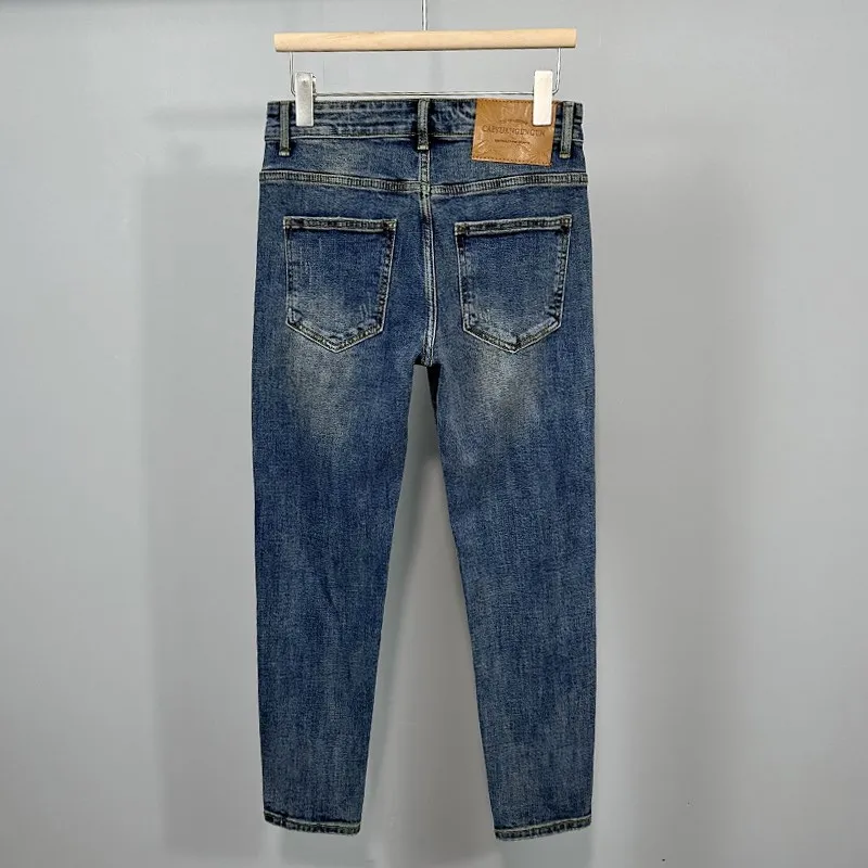 

Blue Slim Fit Stretchy Comfortable Jeans Men's Korean Sle Youth Faion Versatile Waed Nine Points Casual Jeans