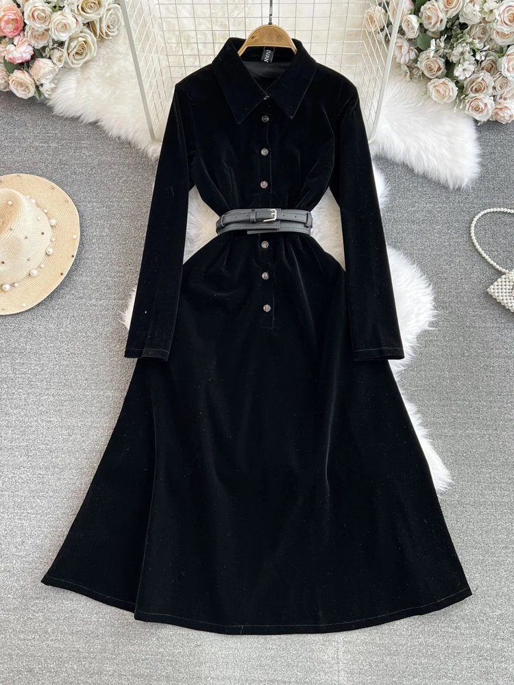 

Autumn Winter Women Velvet Black Shirt Dress French Temperament Long Sleeve Turn-down Collar A-line Vestidos Mid Length Dress