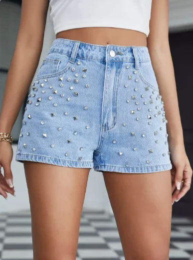 Women's Denim Shorts Summer New Style Personalized and Trendy High Street Style Rivet Decoration High Waisted Denim Shorts