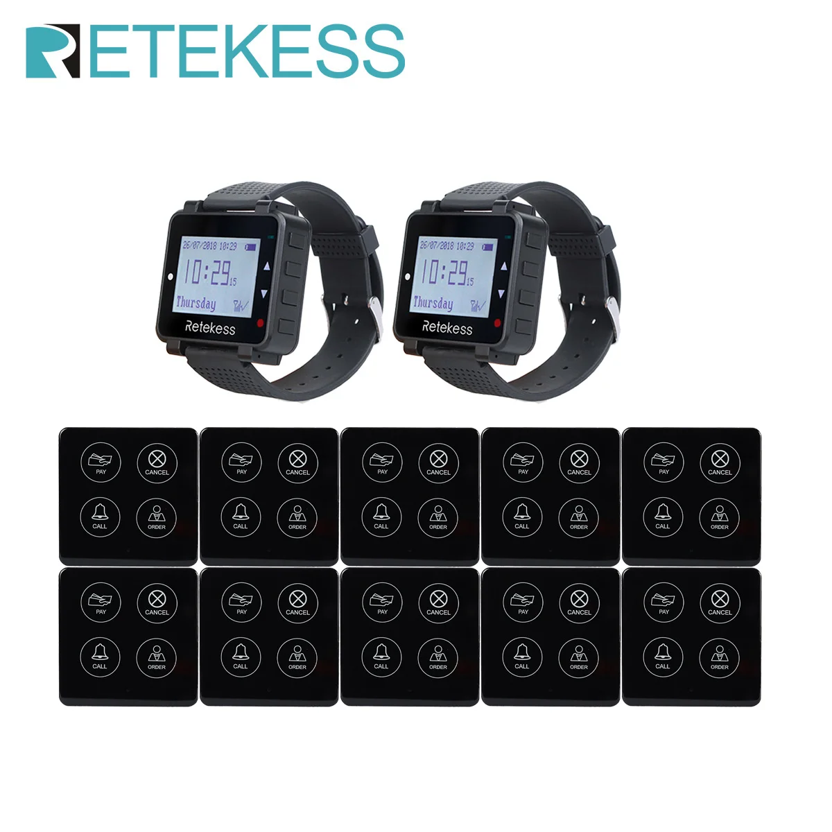 

Retekess Wireless Restaurant Waiter Calling System 2 T128 Watch Receiver TD033 10 Pager Call Button For Hookah Cafe Bar Hotel