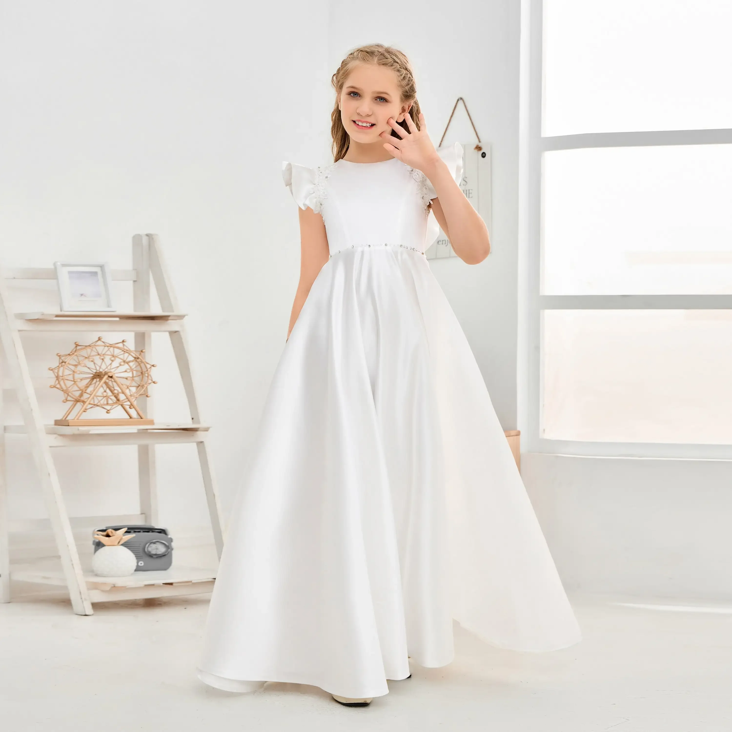 Robe de demoiselle d'honneur en satin pour bébés filles, robe de Rhde princesse, robe de soirée de mariage, robe de première communion, cadeau d'anniversaire élégant