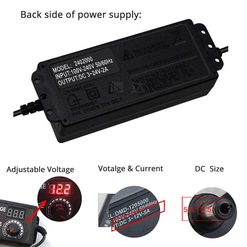 Adapter Adjustable 3V to12V 5A or 3V to 24V 2A Power Supply Display Screen Regulated Knob DC 5.5*2.5mm Input US EU 100-240VAC