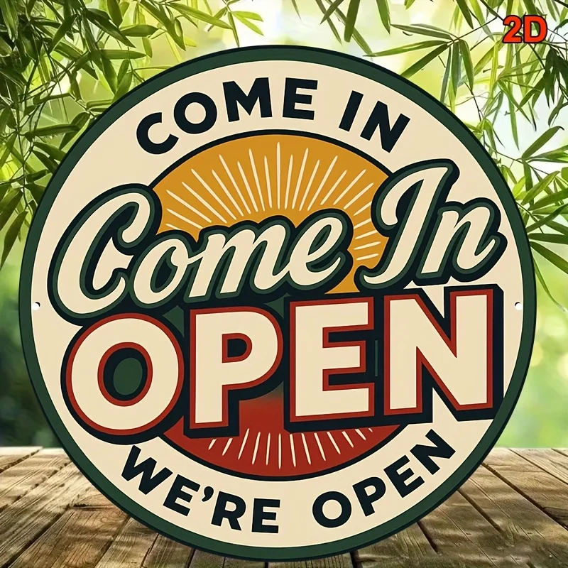 2D flach, 1 Stück rund 20,32 x 20,32 cm Vintage-Aluminiumschild – „Come In We're Open“, Retro-Dekorationsschild mit Sunburst-Design, Krieg