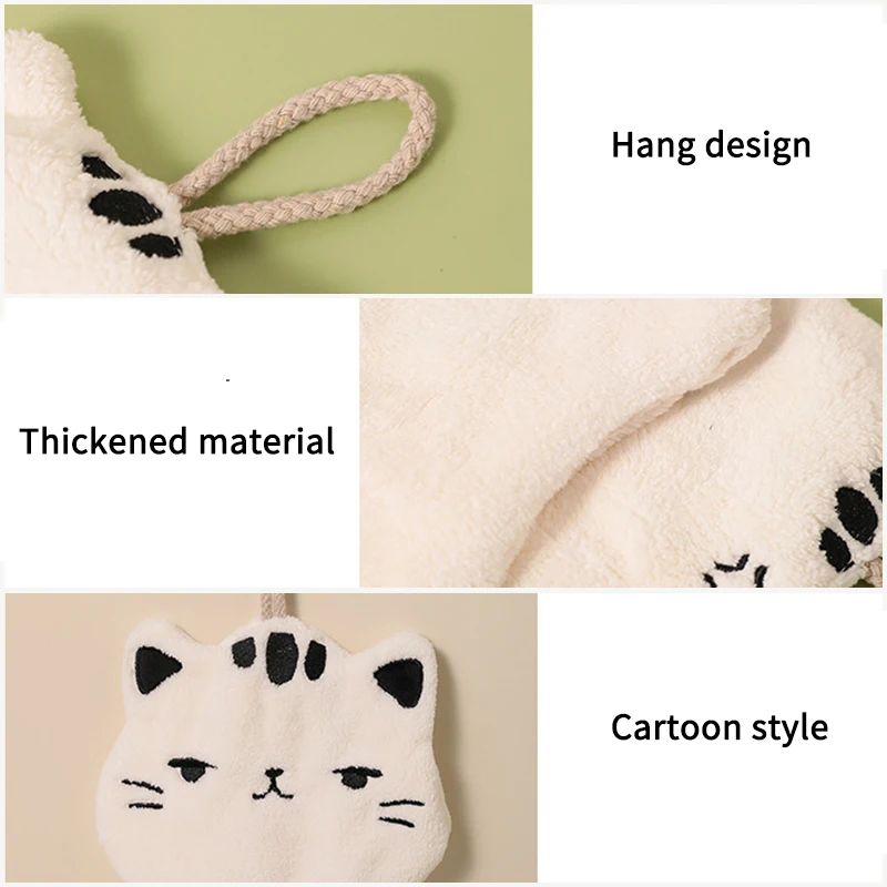 Cat Shape Hand Towel Absorbent Hanging Towels Soft Coral Fleece for Bathroom Kitchen Double-thickness Kids Hand Towel