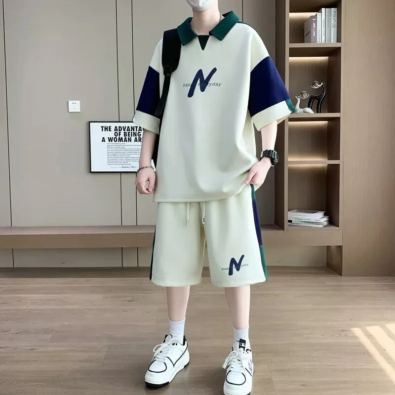 

2026 New Men's Oversized Suit Korean High Street Fashion T-shirt Shorts 2 piece Set Men Trendy O Neck Top Designer Clothes Men