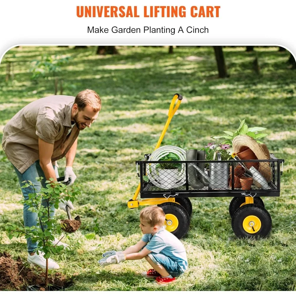 Garden Cart, Heavy Duty 500 lbs Capacity, with Removable Mesh Sides to Convert into Flatbed, Utility Metal Wagon