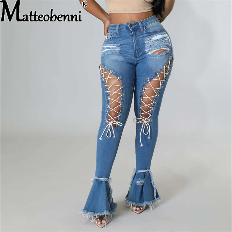 

Sexy Slim High Waist Jeans Women Vintage Ripped Stretch Eyelet Bandage Mopping Denim Flared Pants Ladies Casual Street Trousers