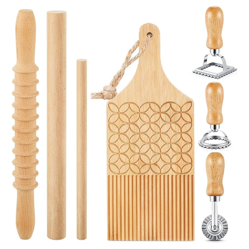 

A04G-7-Piece Gnocchi Pasta Making Tools, Wooden Pasta Board With Ravioli Stamp And Rolling Pin Set, For Homemade Pasta