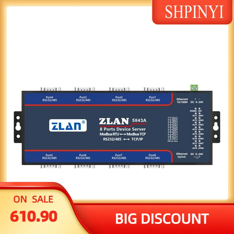 8 Port RS232 RS485 to Ethernet TCP/IP Modbus Industrial Multiple Ethernet Serial Server Industrial Gateway ZLAN5843A