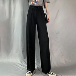 Women's Ice Silk Pants Cool Sports Pants Thin Pleats Loose Straight Drawstring