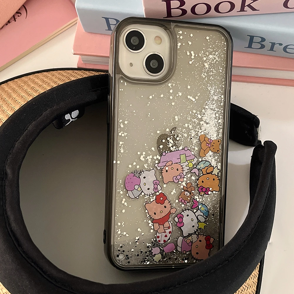 Cute Cartoon Fashion Black Hello Kitty Quicksand Glitter Etui na telefon do iPhone 15 14 13 12 11 Pro Max Przezroczysta tylna obudowa Prezent dla