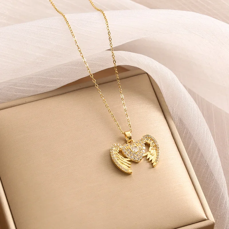 Модная цепочка на ключицу, ожерелье из титановой стали с защитой сердца, кулон в форме крыла в форме сердца