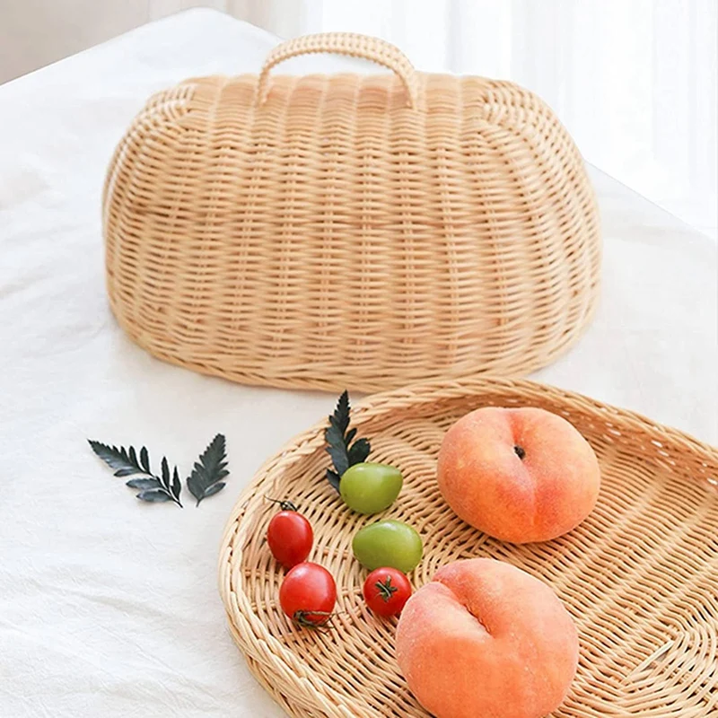 4X Rattan Storage Tray With Cover,Hand-Woven Wicker Baskets,Bread Fruit Food Breakfast Display Box,For Food, Fruit,Cake