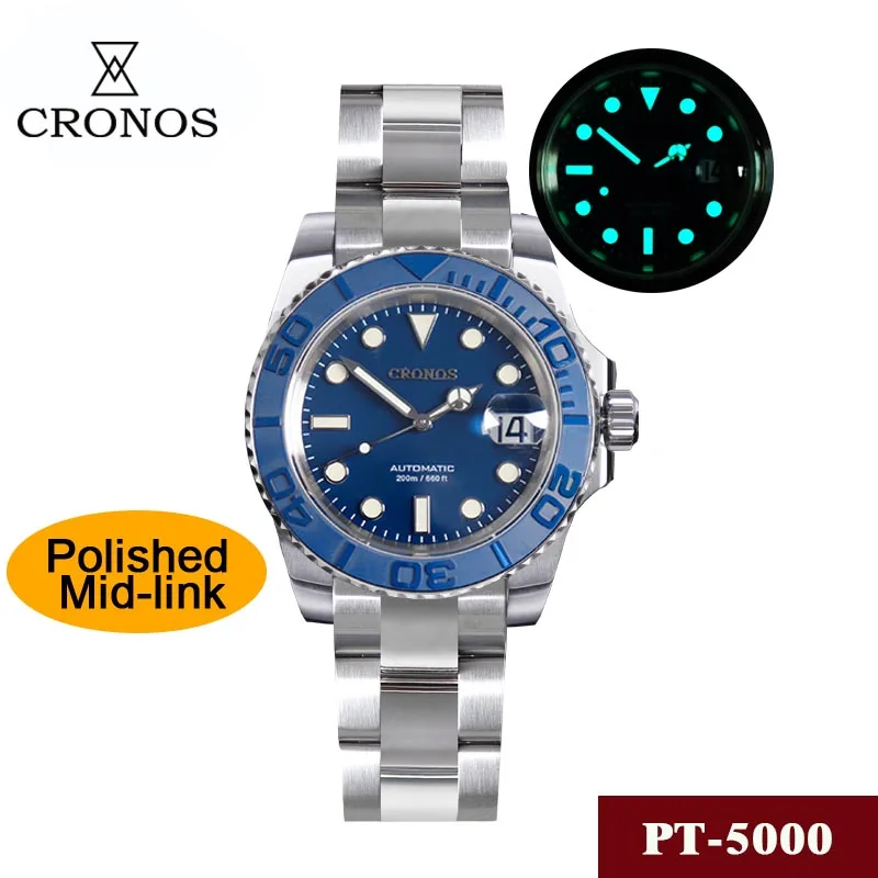 Cronos Sub Diver Orologio da uomo Lunetta bidirezionale 40mm 20ATM Resistente all'acqua Spazzolato e lucido Bracciale a maglie medie Orologi da uomo