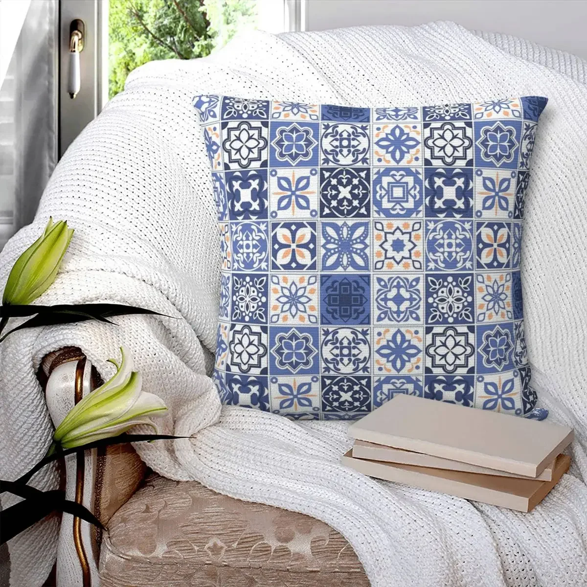 Blue Portuguese Tile Pillowcase Polyester Pillows Cover Cushion Comfort Throw Pillow Sofa Decorative Cushions Used for Home