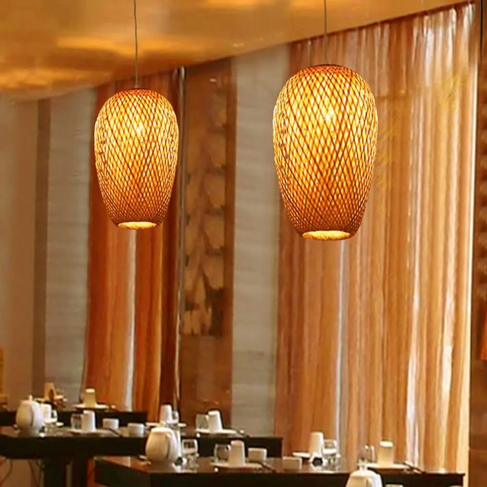 

Bamboo Pendant Light Fixture 1-Light Adjustable Boho Basket Handmade Woven Pendant Lamp 18cm for Kitchen Island Farmhouse Home