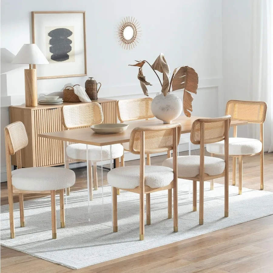 

Набор из 6 обеденных стульев из ротанга с изогнутой спинкой в виде трости, мягкие стулья для столовой с деревянными ножками, безрукая шерпа