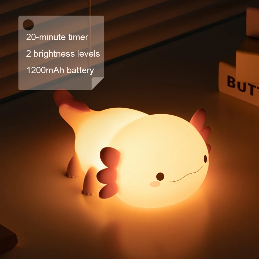 Bonito Axolotl Silicone Night Light, Lâmpada de sono do berçário, Touch Control Nightlights, Lâmpada de mesa recarregável USB para bebê