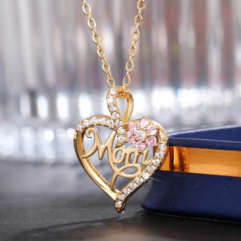 Huitan Mother\'s Day Necklace for Mom Luxury Trendy Craved Pendant Necklace Pink Flower Aesthetic Neck Accessories Love Jewelry