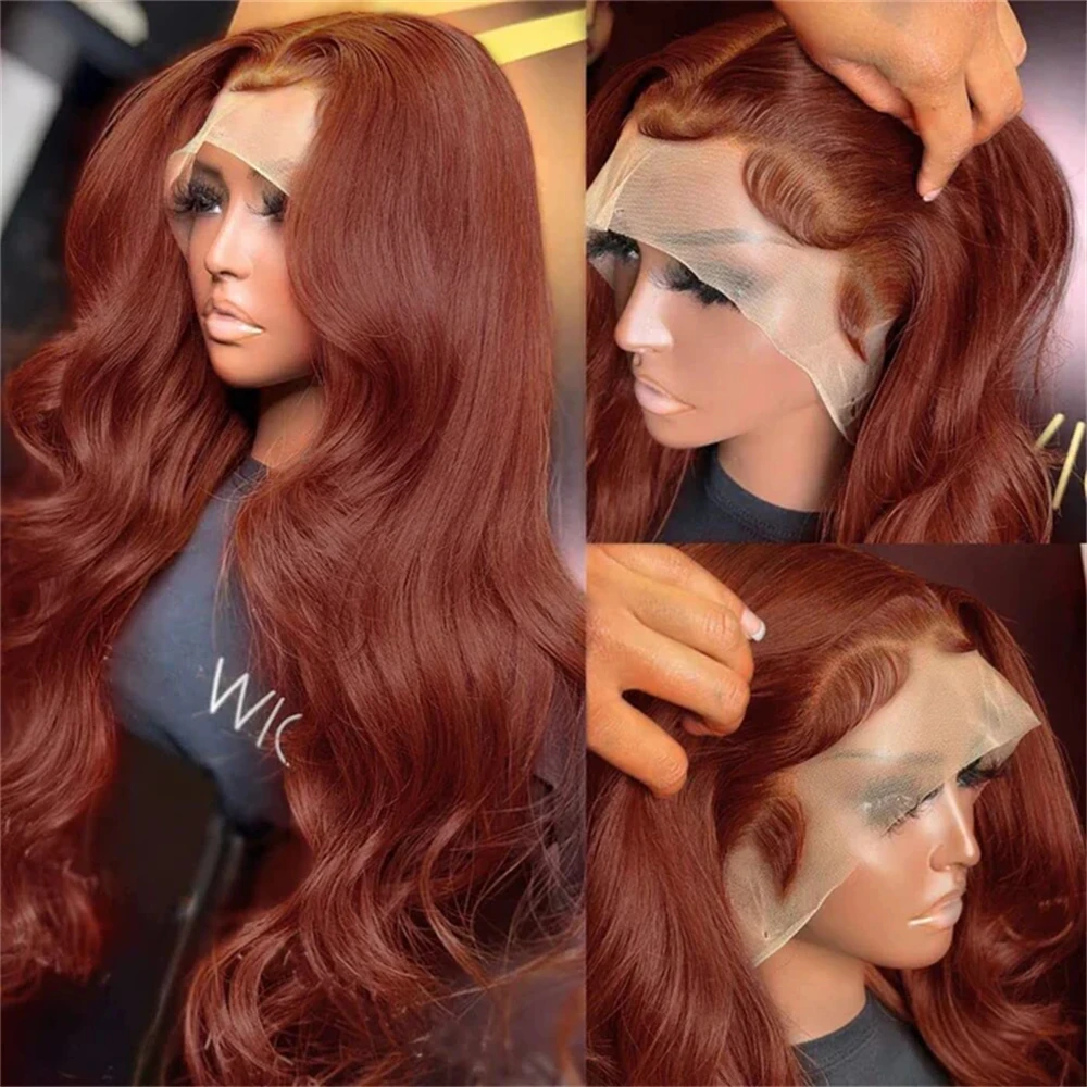 Perruques Lace Front Wig Body Wave synthétiques, cheveux roux, auburn, rouge cuivre, 13x4, densité 180%, sans colle