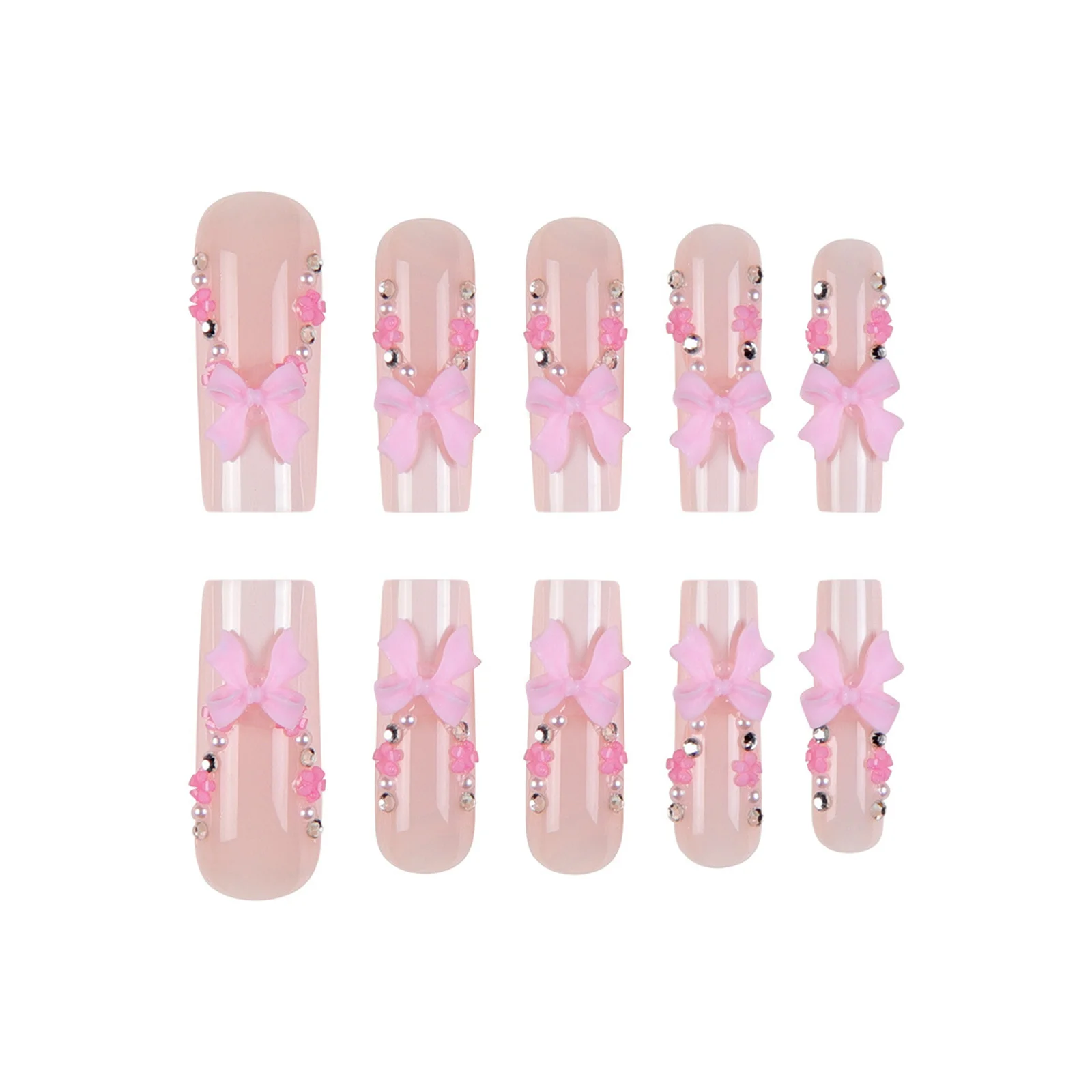 เล็บปลอมแบบกดติด 24 ชิ้น สีชมพู แต่งโบว์ ทรงฝรั่งเศสสีขาว ยาวแบบโลงศพ แต่งเล็บแบบบัลเลต์ ประดับด้วยคริสตัลและดอกไม้สีทองวิบวับ
