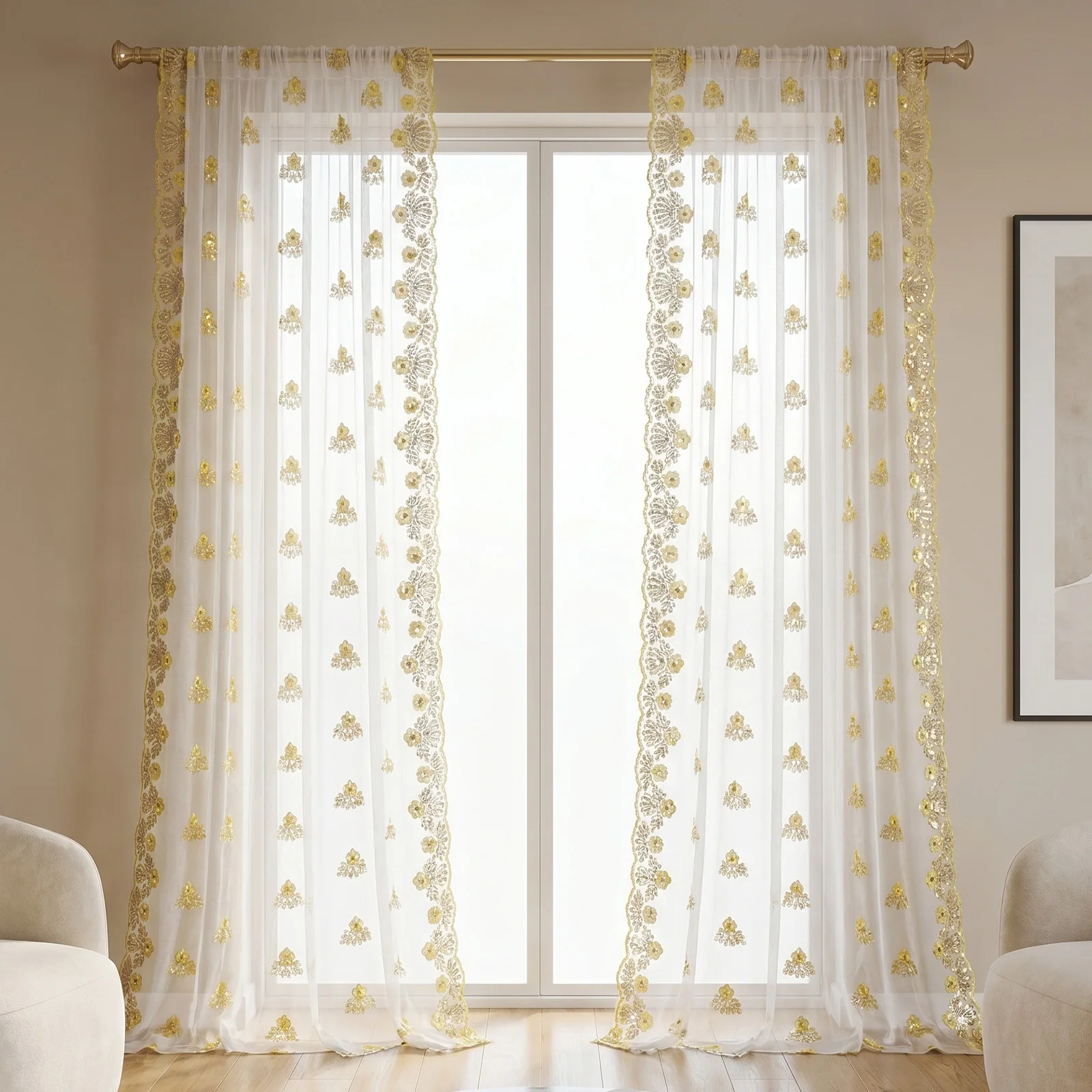 1 Piece, White Fresh Ins-Style Plum Blossom Sequin Embroidered Sheer Curtain, Threaded Rod Top, Lightweight and Translucent with Soft Light Filtering, Exquisite Plum Blossom Sequin Embroidery Craftsmanship, Smooth Drape, 100% Polyester Fabric, Washable, Bohemian Ambiance Soft Decor, Suitable for Bedroom, Living Room, Bay Window, Homestay, Girls' Dormitory, Does Not Include Installation Accessories and Tie-Backs - view 5