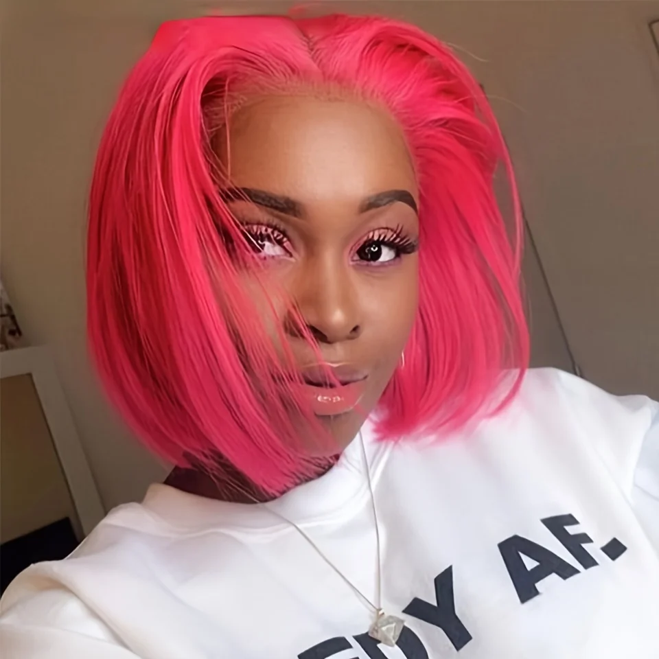 Peluca de cabello humano liso para mujer, color rosa, Bob, Remy
