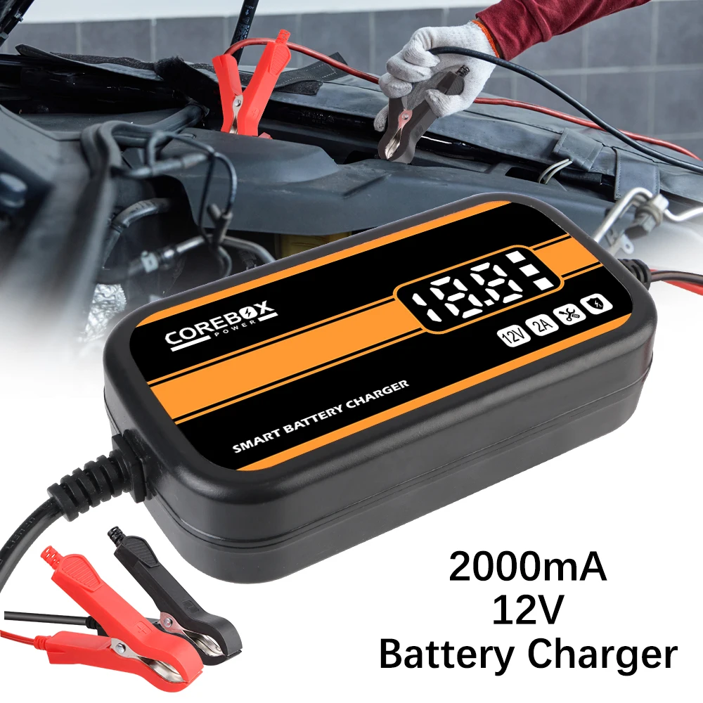 With LCD Display Intelligent Car Motorcycle Battery Charger Automatic for Car/RV/ATV/Boat 12V 2A Lead Acid AGM Gel Charger