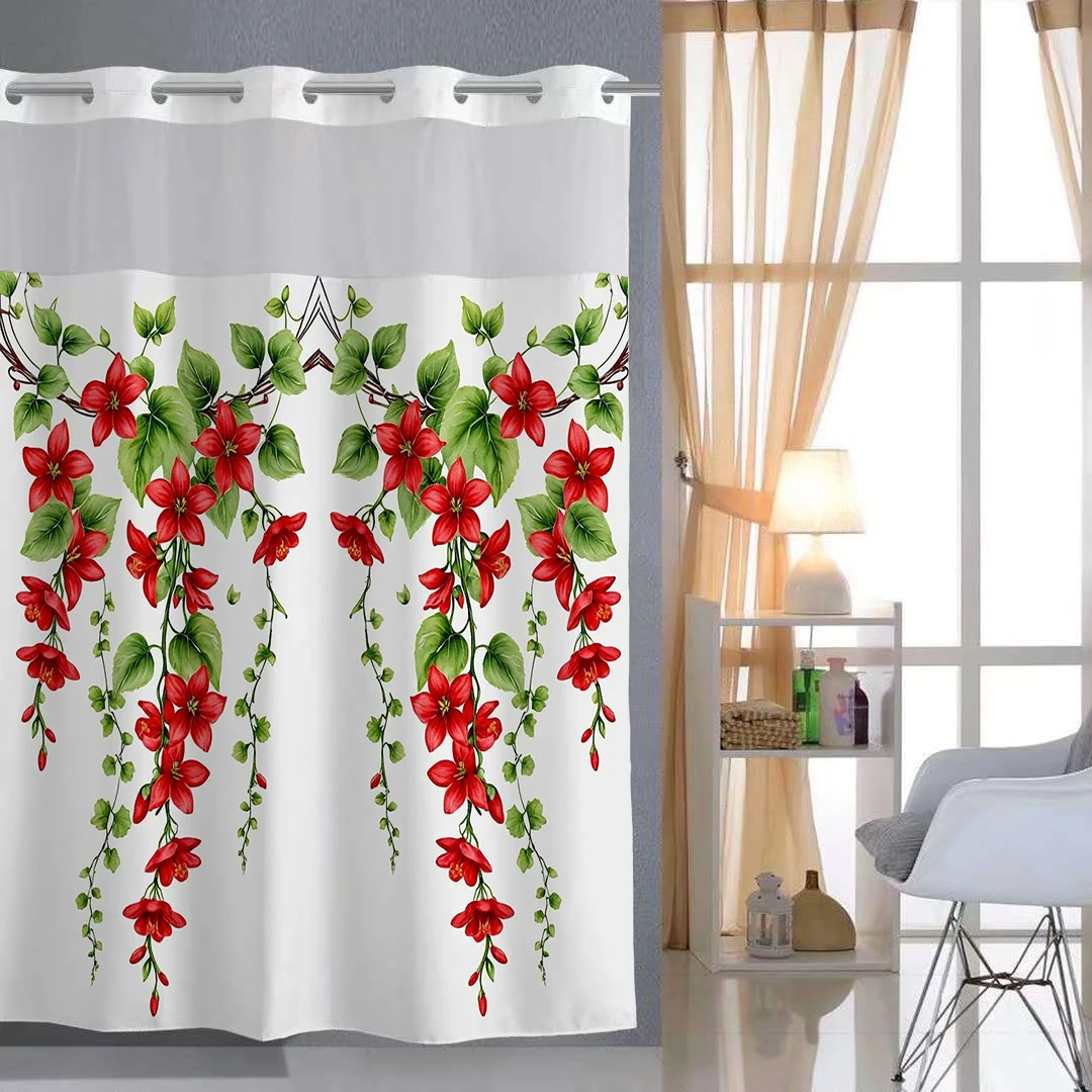 

No Hook Floral pattern Shower Curtain With Snap-in Fabric Liner Sheer Top Window, Waterproof Double Layer Bathtub curtain