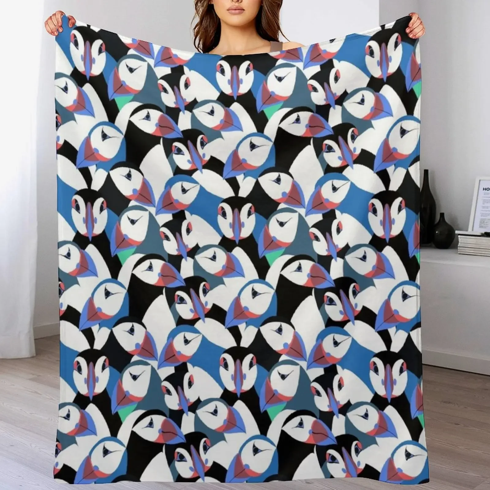 

Puffins in bright blue Throw Blanket Soft Plush Blanket as Housewarming Gift
