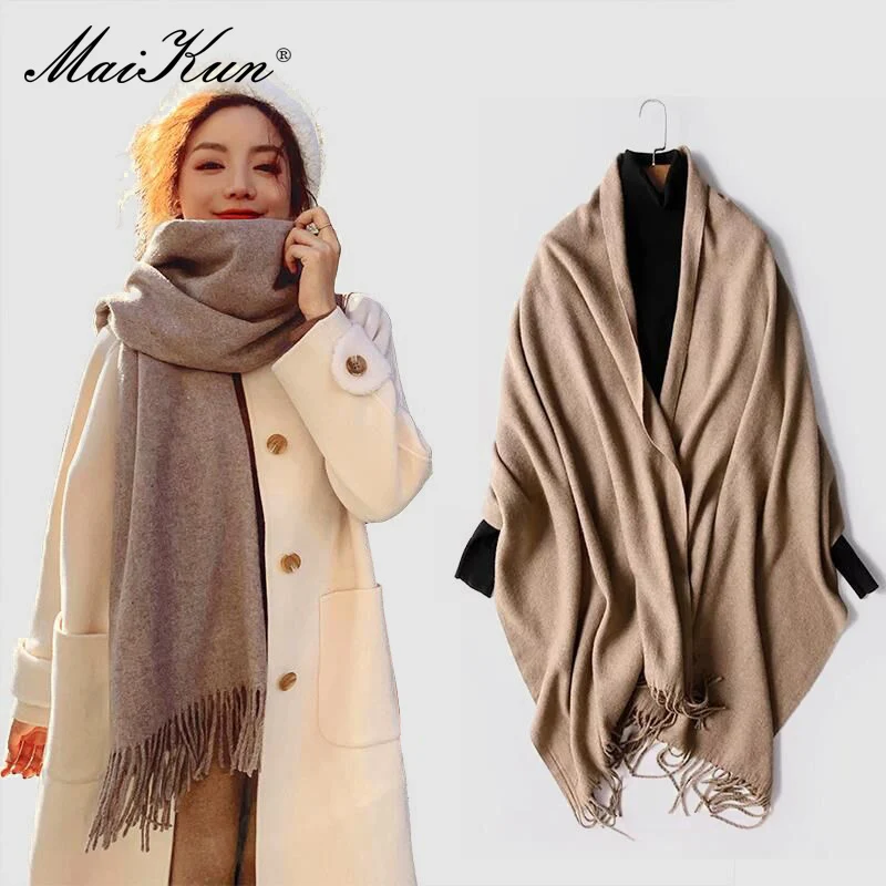 Maikun cachecol para mulher outono e inverno nova cor sólida cashmere quente engrossado lã cachecol xale dupla utilização unisex xale bufandas