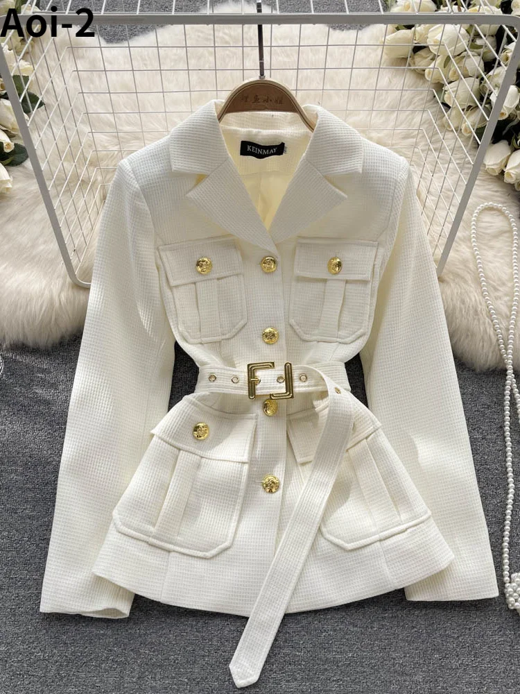 French Style Elegant Suit Jacket Women\'s 2023 Autumn New High Quality European American Slim-Fit Mid-length Coat With Belt