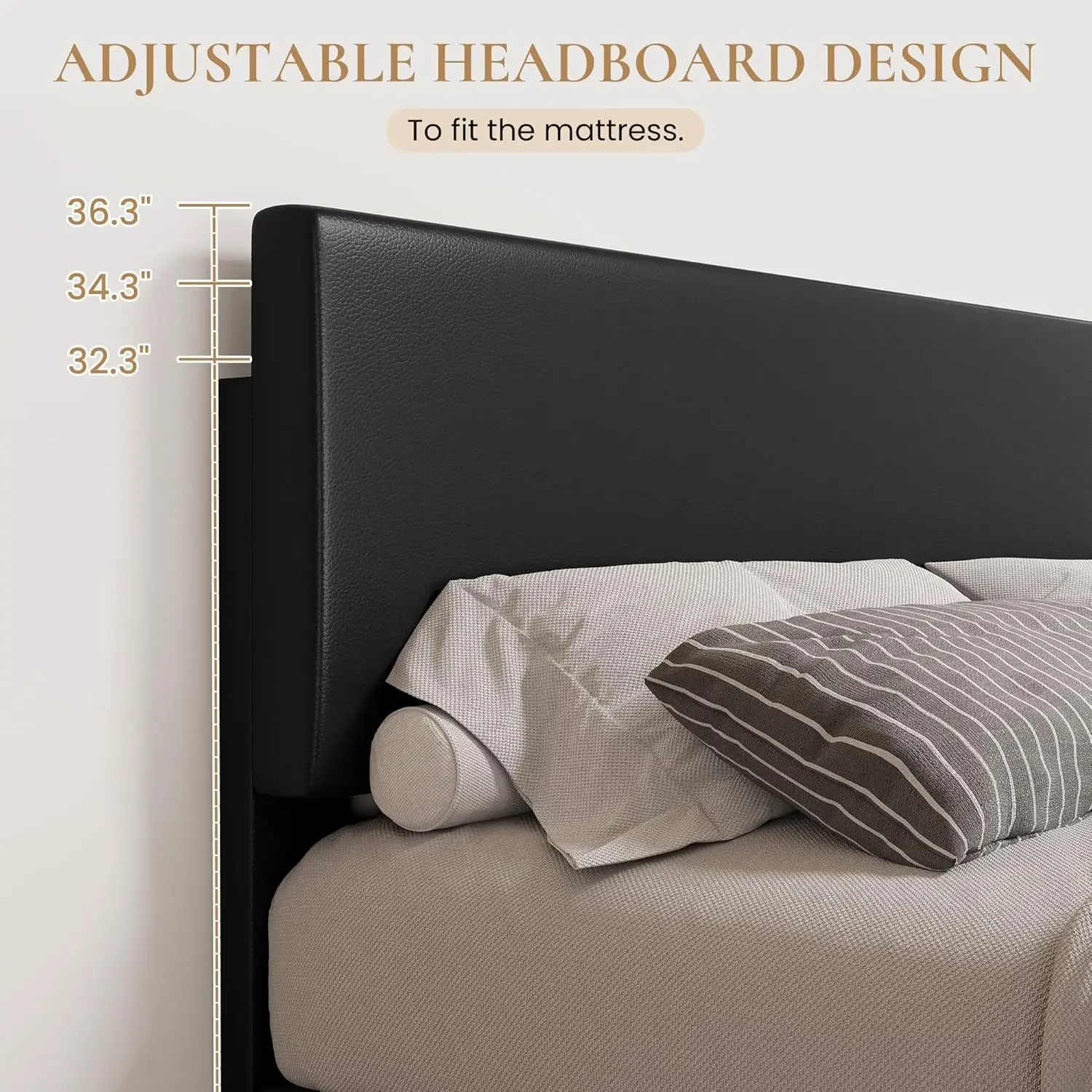 Faux Leather Adjustable Headboard,Wood Slats Support, No Box Spring Needed, Easy Assembly, Easy Clean Up