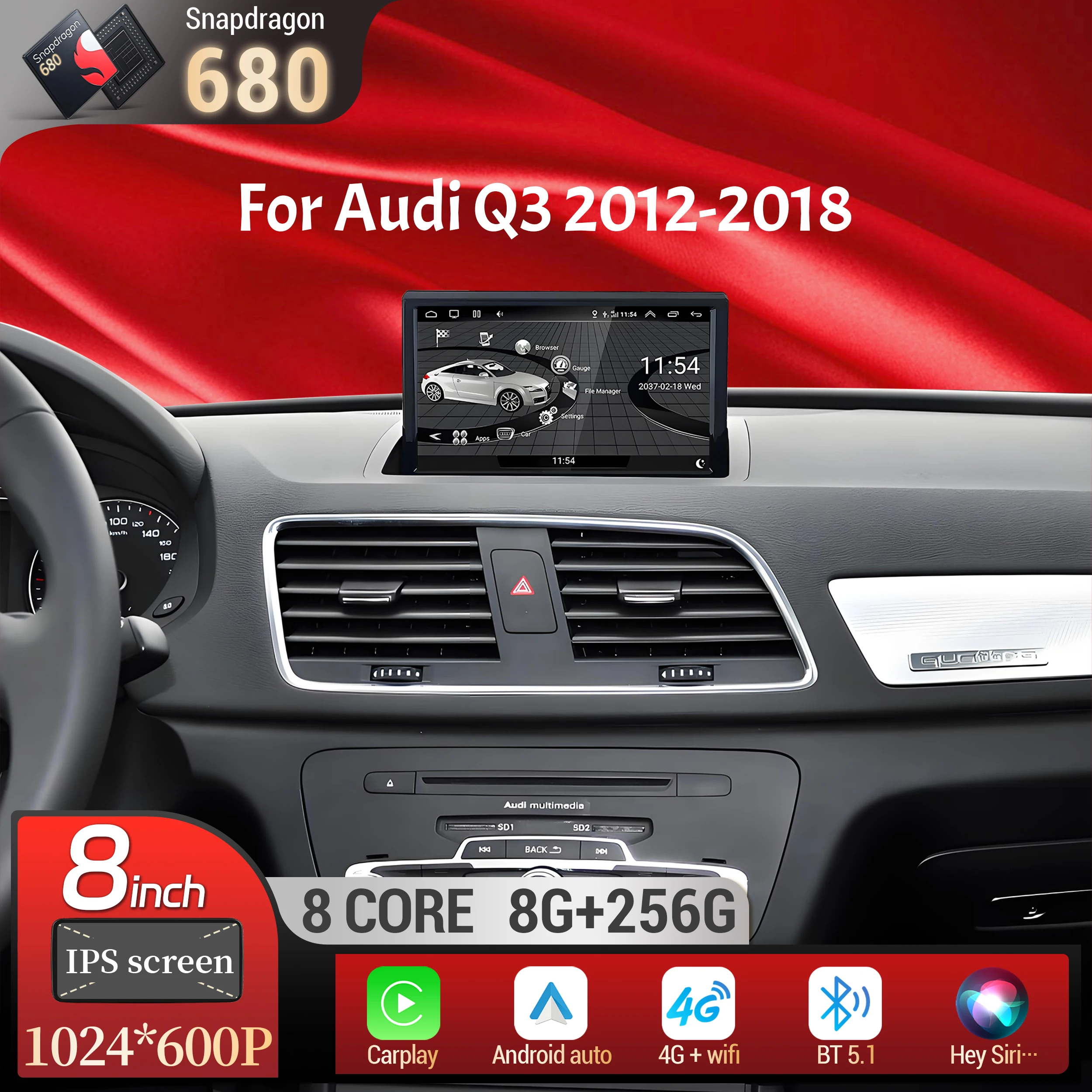 

8 inch Android 14 For Audi Q3 2012-2018 Wireless Bluetooth Carplay Head Unit Qualcomm Snapdragon 680 Touch Screen Stereo System