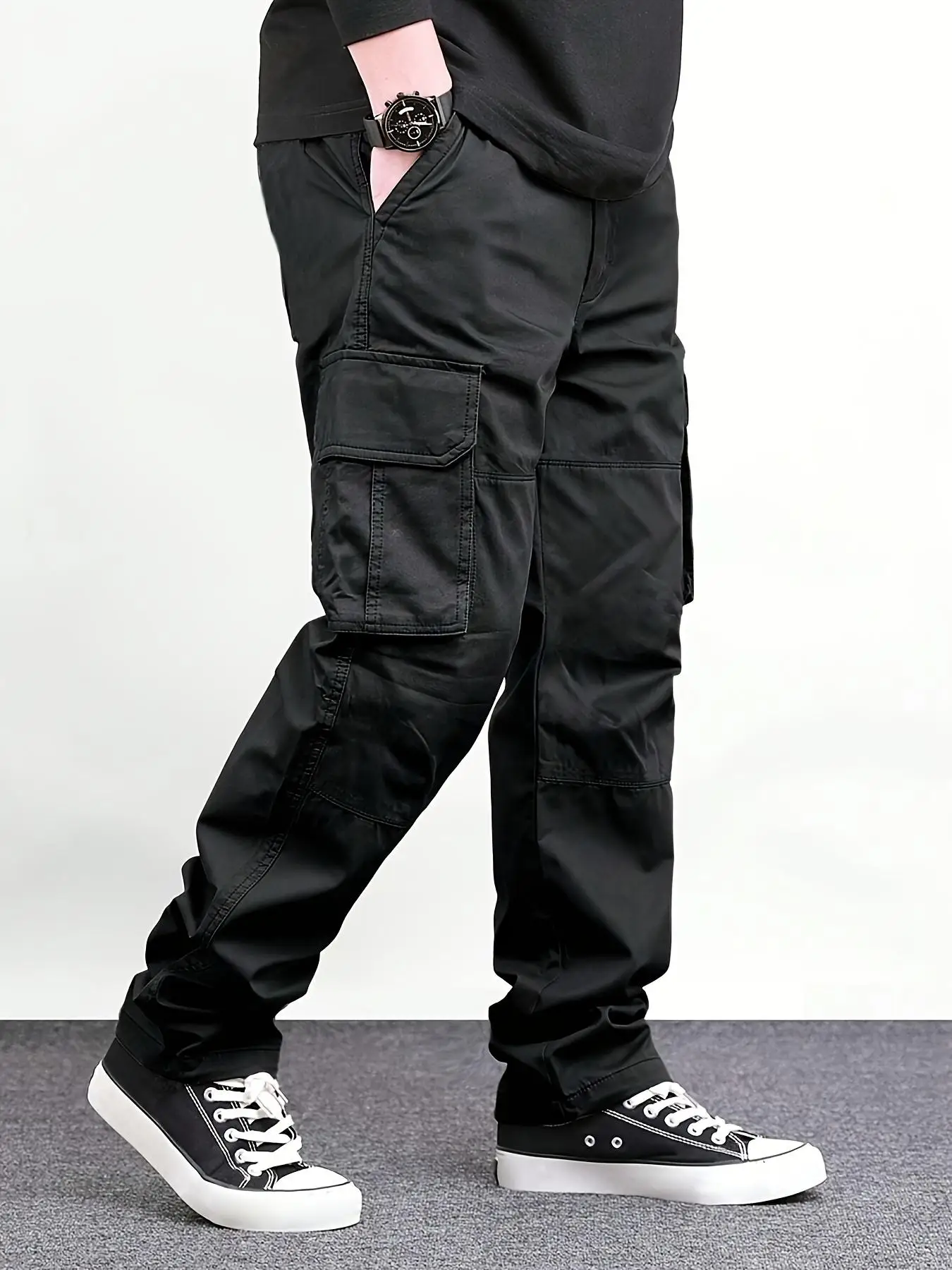 Men's Regular Plain Overalls with Drawstrings and Large Flap Pocket Pantss, Functional Multi-Pocket Straight Pants, Suitable for Holiday, Street, Daily Leisure, Running, Multi-Scenario, Suitable for All Seasons