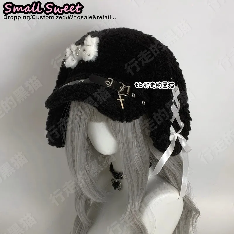 Orecchio di cane Autunno Inverno Gotico Lolita Y2K Beanie Cappello Donna osso Hip-hop croce soffice Carino A Punta Pullover cappello da sole berretto da baseball