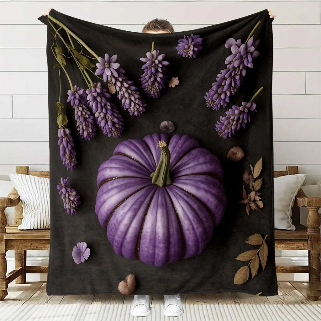 1pc Soft Quilted Bedspread Compatible for all bed sizes - Purple Pumpkin & Floral Print Flannel Blanket, All-Season Cozy Bed Cov