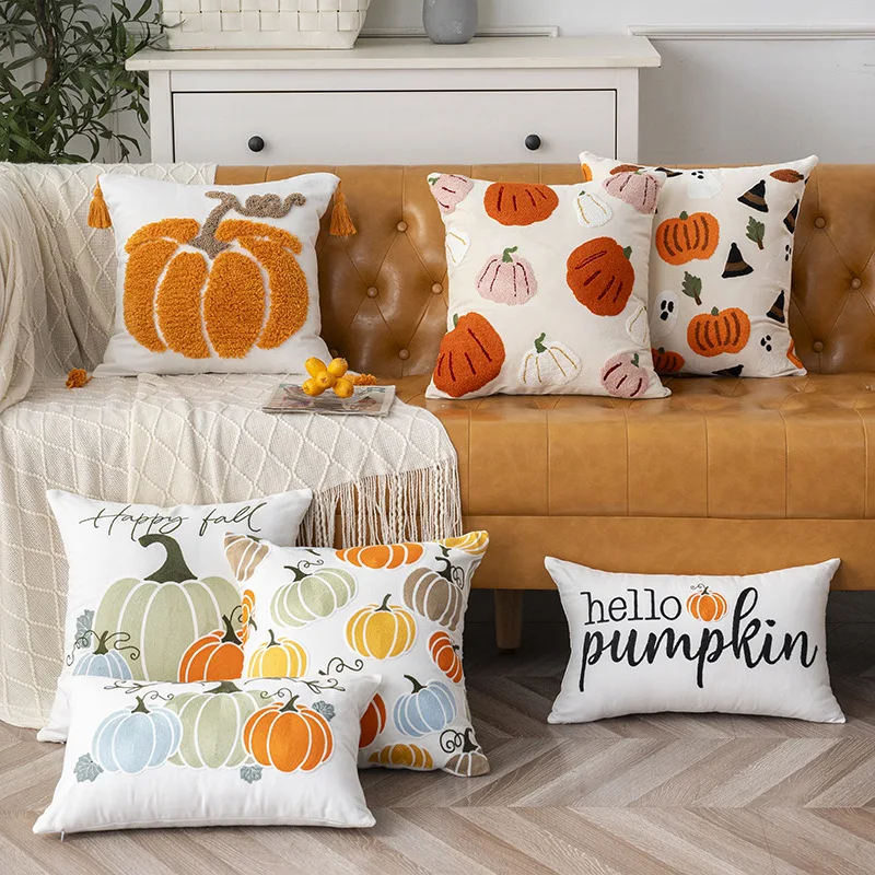 

Autumn Halloween Pumpkin Cushion Cover 45X45 Towel Embroidered Throw Pillow Covers Canvas Embroidered Pillowcase Home and Decor