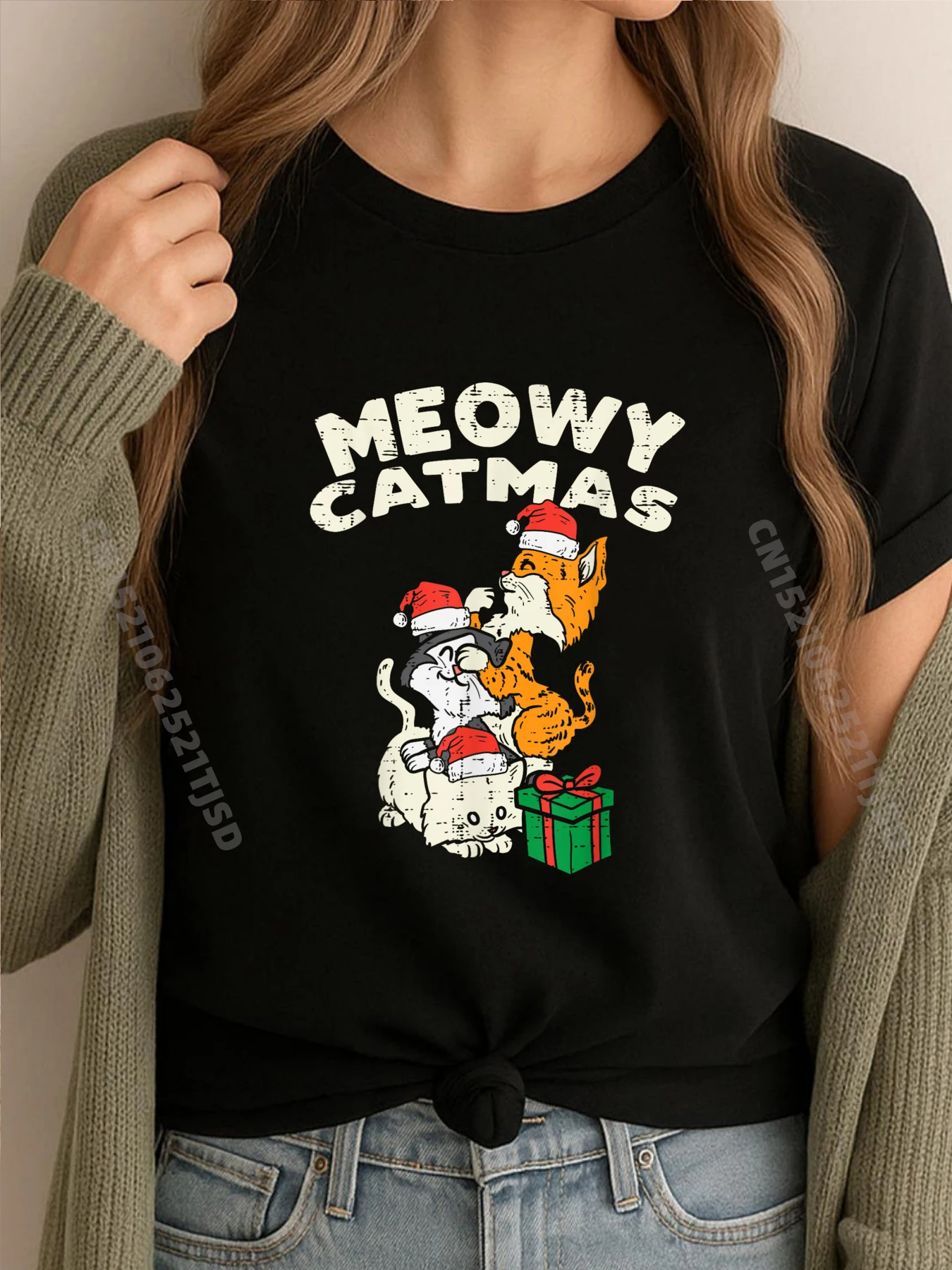 

Рождественские пижамы Meowy Catmas Cat Kitten, рождественские пижамы, черная футболка, футболка Homme, потертая футболка в стиле ретро