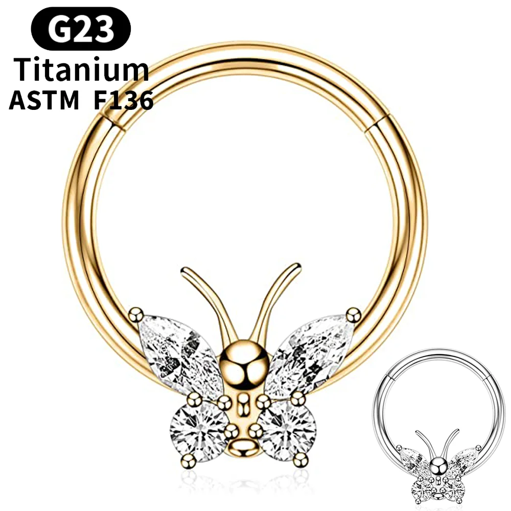 F136 G23 Titanium Septum Ring 16G Hinged Segment Piercing Nose Ring Hoop Zircon Butterfly Cartilage Tragus Helix Earring Jewelry