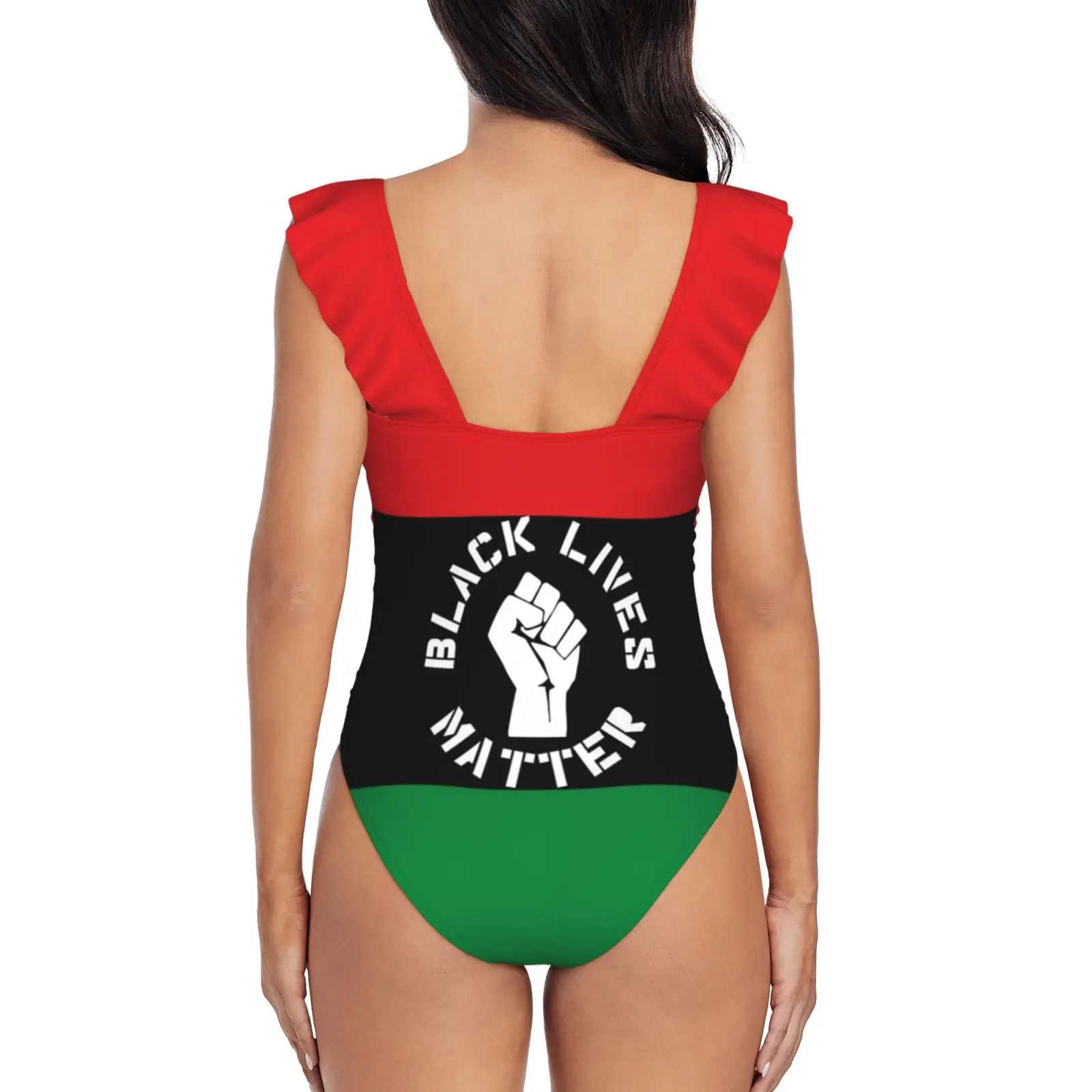 Black Lives Matter Fist , Unia Flag , Pan-African , Black Ruffle Swimwear Women One Piece Swimsuit Monokini Push Up Bathing