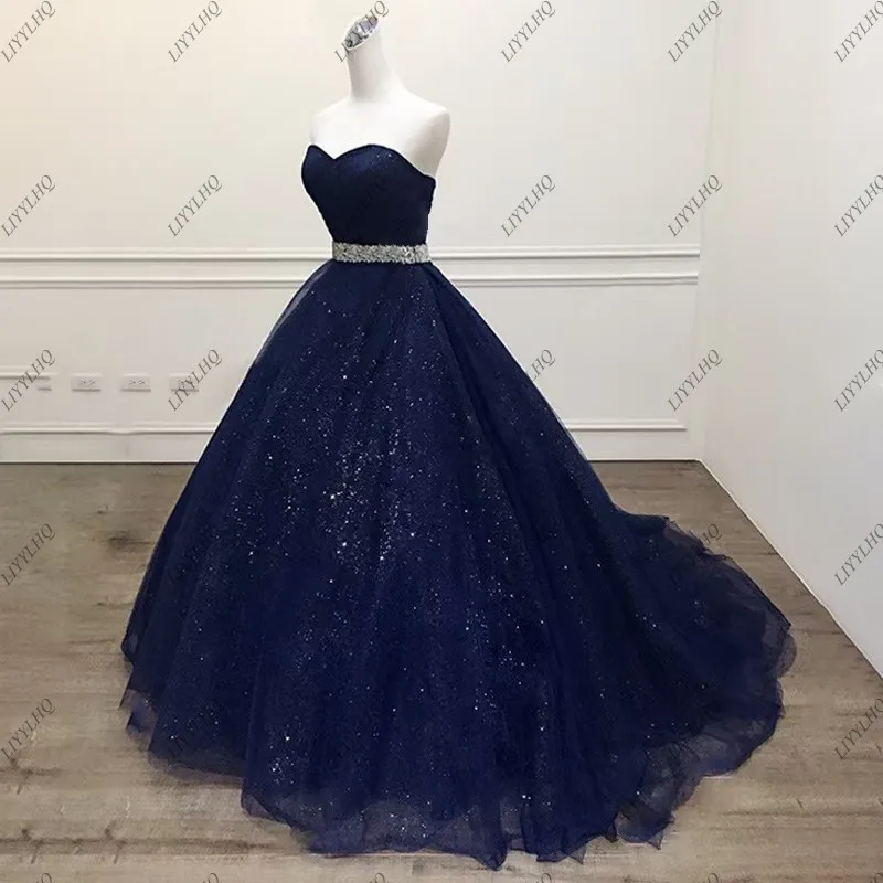 LIYYLHQ Navy Blue Quinceanera Dresses Beading Sash Tulle Birthday Prom Party Gowns Formal Occasion Vestido De Anos Real Image